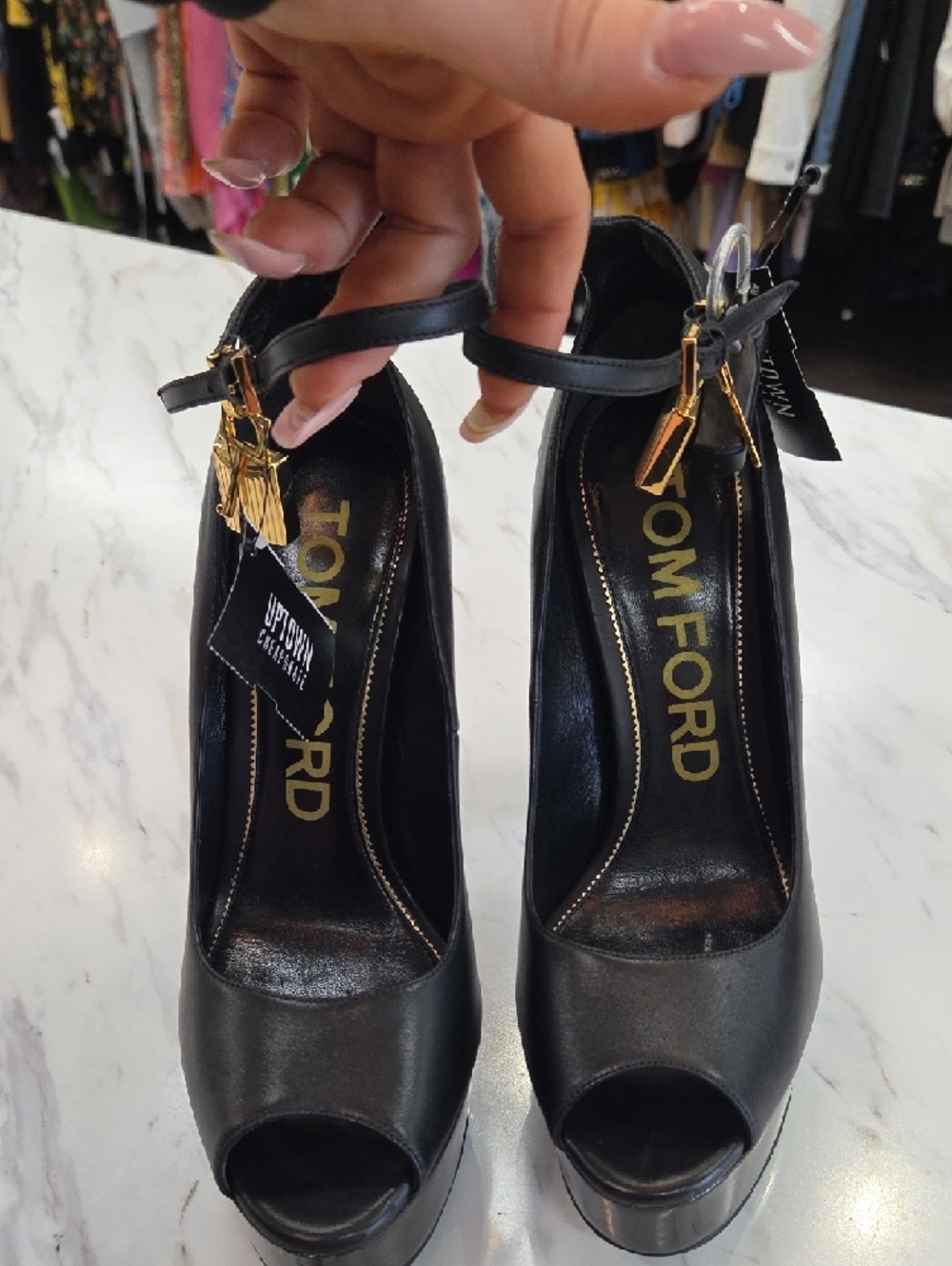Tom Ford Black Leather Platform Peep-Toe Heels with Gold Buckle - Picture 6 of 11